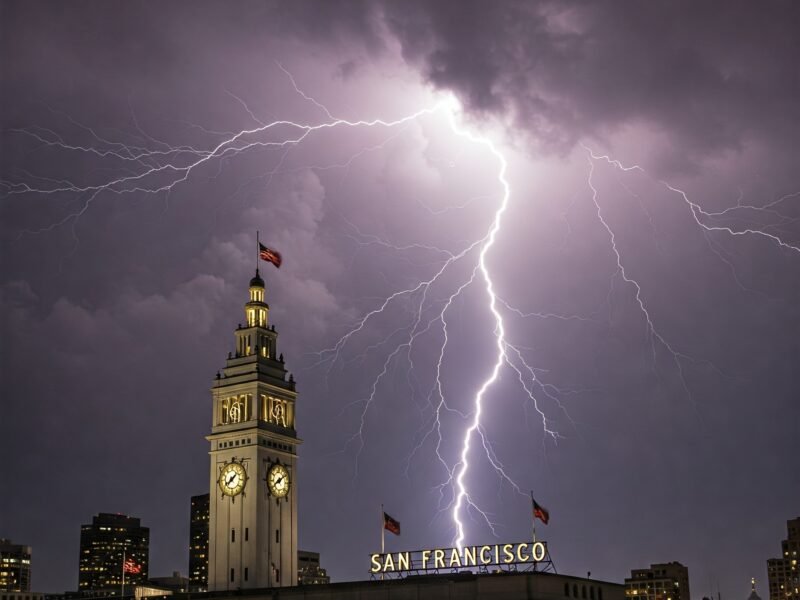 Lightning striking ferry building