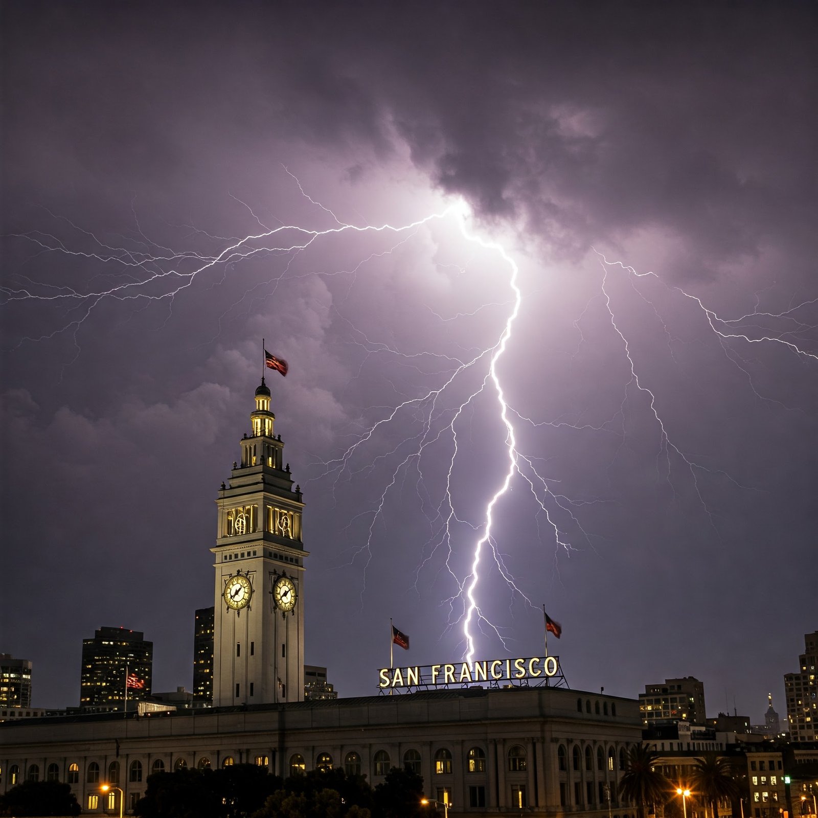 Lightning striking ferry building